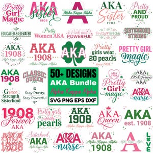 Może przedstawiać: Kolekcja ponad 50 wzorów Alpha Kappa Alpha (AKA) w kolorze różowym i zielonym. Projekty zawierają teksty takie jak "Sister", "Pretty Girl Magic" i "1908". Pakiet jest dostępny w formatach SVG, PNG, EPS i DXF.