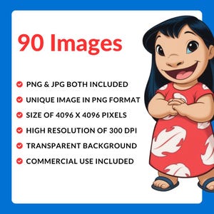 May include: A digital product graphic with the text "90 Images" in red. The image includes a cartoon character in a red dress. Text details include PNG & JPG formats, unique PNG images, 4096 x 4096 pixels, 300 DPI, transparent background, and commercial use.
