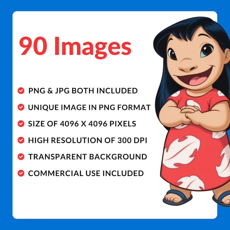 May include: A digital product graphic with the text "90 Images" in red. The image includes a cartoon character in a red dress. Text details include PNG & JPG formats, unique PNG images, 4096 x 4096 pixels, 300 DPI, transparent background, and commercial use.