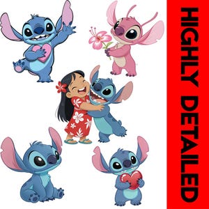 May include: A collection of cartoon illustrations featuring the character Stitch from the animated film Lilo & Stitch. Stitch is depicted in various poses, holding a heart, hugging, and waving. The illustrations are in blue, pink, and red.