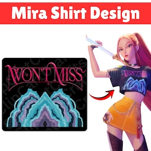 Könnte beinhalten: Schwarze Grafik mit dem pinkfarbenen Text "WON'T MISS" und einem blau-violetten Bergdesign. Das Bild zeigt auch eine Frau, die ein schwarzes Crop-Top mit dem Text "WON'T MISS" und einen gelben Rock trägt.