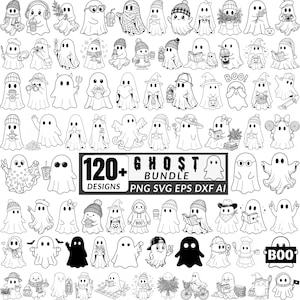 May include: A collection of over 120 black and white line art ghost illustrations featuring various activities and accessories. The central text reads 120+ GHOST BUNDLE PNG SVG EPS DXF AI. The ghosts are depicted with items like books, drinks, hats, and pumpkins.