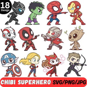 Könnte beinhalten: Zwölf Chibi-Superhelden-Illustrationen, darunter Black Panther, Hulk, Spider-Man, Iron Man, Ant-Man, Deadpool, Star-Lord, Groot, Captain America, Captain Marvel, Scarlet Witch und Hawkeye. Der Text enthält "18 Design" und "CHIBI SUPERHERO SVG/PNG/JPG".