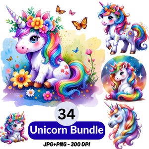 Watercolor Unicorn Clipart Bundle: Rainbow Baby Unicorn PNG (Commercial Use, Digital Download