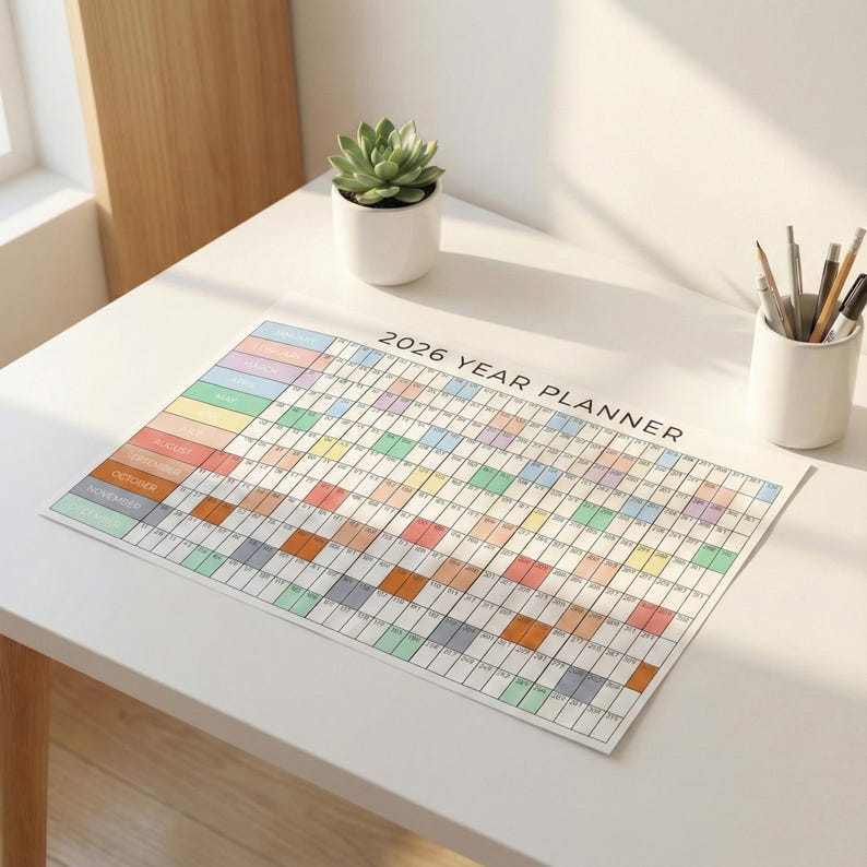 2026 Wall Calendar Printable, Large Year Planner, Year at a Glance 2026 ...