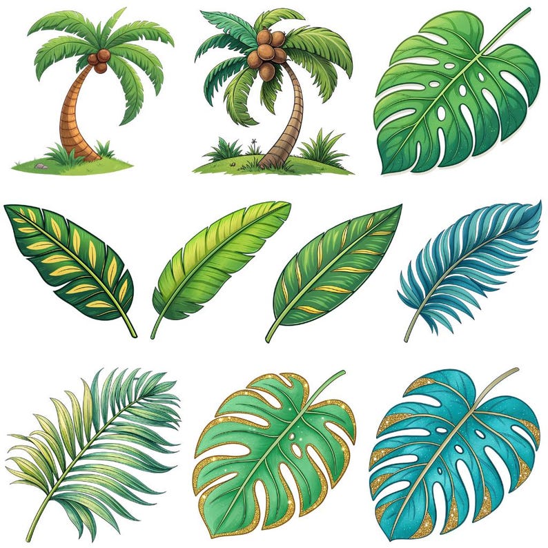 May include: A collection of tropical illustrations featuring palm trees with coconuts, and various green and blue leaves. The leaves include monstera, banana, and fern varieties, some with gold accents. The artwork is set against a white background.