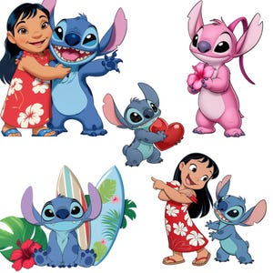 May include: A collection of cartoon character illustrations featuring Lilo and Stitch. The characters are depicted in various poses, including hugging, holding a heart, and with surfboards. The color palette includes blue, pink, red, and green.