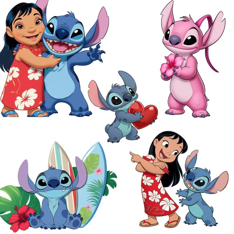 May include: A collection of cartoon character illustrations featuring Lilo and Stitch. The characters are depicted in various poses, including hugging, holding a heart, and with surfboards. The color palette includes blue, pink, red, and green.