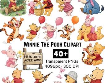 May include: A collection of Winnie the Pooh clipart images featuring the characters Pooh, Piglet, Tigger, and Eeyore. The images include the characters holding balloons, flowers, and a basket. The text "Winnie the Pooh Clipart" is displayed.
