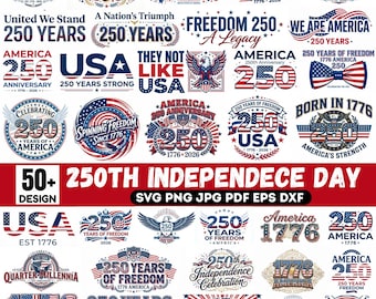 May include: A collection of patriotic designs celebrating the 250th anniversary of American Independence. The designs feature text, eagles, flags, and stars in red, white, and blue. Includes the text "250 Years of Freedom" and "USA".
