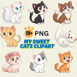 Pacote de clipart de gato fofo, gatinho engraçado, PNG de gato fofo, clipart de gatinhos de desenho animado para impressão, presente de alta qualidade para amantes de gatos, download instantâneo