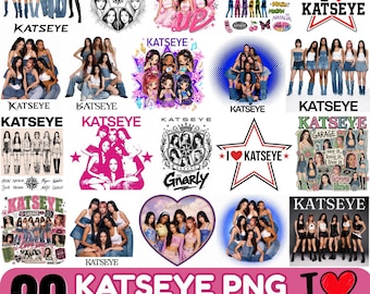 May include: A digital collection of 20 Katseye PNG files featuring various group photos, stylized illustrations, and graphic designs. The images include text such as Katseye, Pinky Up, I Love Katseye, and Gnarly, showcasing the group in diverse outfits.