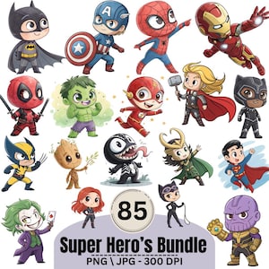 Może przedstawiać: Kolekcja 18 postaci superbohaterów z kreskówek, w tym Batman, Kapitan Ameryka i Spider-Man. Każda postać jest przedstawiona w stylu chibi z żywymi kolorami i charakterystycznymi cechami. Obraz zawiera tekst "Super Hero's Bundle".