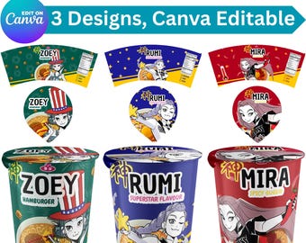 Kpop Demon Hunters, Cup Noodle Labels Ramyeon, Cosplay Party Huntrix Ramen, Rumi Mira Zoey, Kpop party, Printable pack, Halloween Party Deco