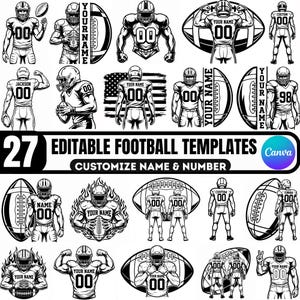 Puede incluir: Una colección de 27 plantillas de fútbol americano editables en blanco y negro con varias ilustraciones de jugadores en uniforme con cascos, balones y motivos de la bandera estadounidense. El texto dice 27 EDITABLE FOOTBALL TEMPLATES.