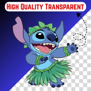 May include: A cartoon illustration of Stitch, a blue alien character, wearing a green leaf skirt and a leaf crown. The image has the text "HIGH QUALITY TRANSPARENT" in a red banner at the top. The background transitions from blue to a transparent checkered pattern.