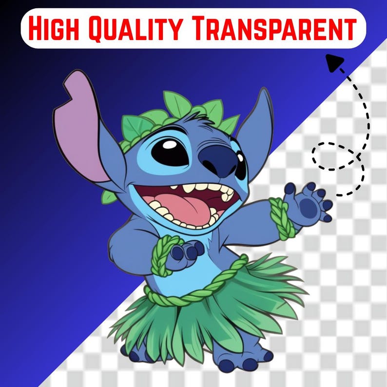 May include: A cartoon illustration of Stitch, a blue alien character, wearing a green leaf skirt and a leaf crown. The image has the text "HIGH QUALITY TRANSPARENT" in a red banner at the top. The background transitions from blue to a transparent checkered pattern.