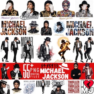 May include: A collection of 55 digital PNG files featuring various illustrations and photographs of Michael Jackson in iconic outfits, including sequined jackets, fedoras, and white gloves, with text overlays displaying his name and the word Thriller.
