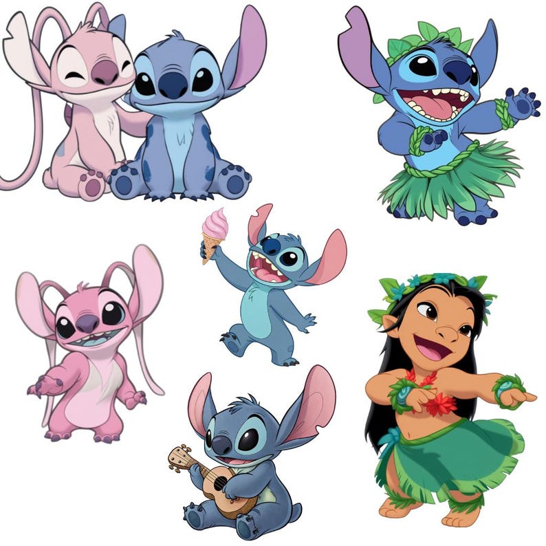 May include: A collection of cartoon character illustrations featuring Stitch and Angel, in various poses. Stitch is depicted in blue, holding an ice cream cone, playing a ukulele, and wearing a grass skirt. Angel is pink. Lilo is also shown in a hula outfit.