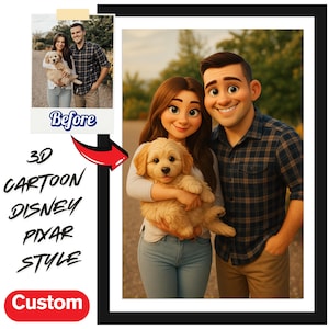 Custom Pixar Style Portrait from Photo, 3D Cartoon Character, Couple Cartoon Drawing, Animated Style Portraits, Couples Pixar Pet Gift, Art
