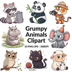 Clipart de animales de safari gruñones y divertidos en acuarela, 33 PNG, uso comercial, descarga digital, perros graciosos, gatos gruñones
