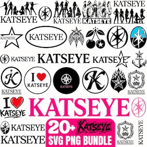 May include: A digital collection of over 20 black and white graphic designs featuring the text KATSEYE, silhouettes of a group, stars, hearts, cherries, anchors, and crests. The designs include various circular, oval, and star-shaped logos.