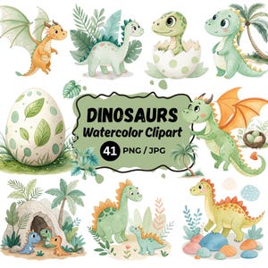 Clipart de dinosaurio de dibujos animados en acuarela, 41 dinosaurios lindos PNG, decoración de fiesta de cumpleaños de dinosaurios, guardería de dinosaurios, clipart de dinosaurio bebé, diario basura