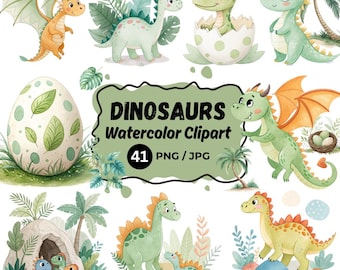 May include: Watercolor clipart featuring various dinosaurs in a whimsical style. The image includes several dinosaurs with different colors and poses, along with an egg, foliage, and the text "DINOSAURS Watercolor Clipart 41 PNG/JPG".