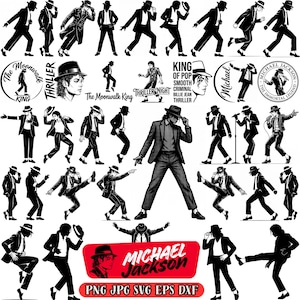May include: A collection of black and white graphic illustrations featuring Michael Jackson in various dance poses, wearing a suit and fedora. Includes text such as The Moonwalk King, Thriller, King of Pop, Smooth Criminal, Billie Jean, and Michael Jackson.