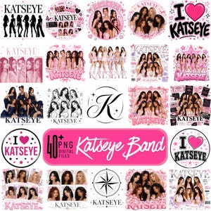 May include: A collection of digital graphics featuring the music group Katseye, including various photo collages, pink-themed illustrations, heart motifs, and the text Katseye, presented as a set of 40 plus PNG digital files for creative projects.
