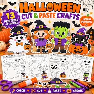 Op de afbeelding: Een set Halloween knutselwerkjes om te knippen en plakken, met printbare activiteitenbladen met illustraties van een geest, heks, monster en kat. Inclusief een schaar, lijmstift en gekleurde stiften om deze papieren figuren te maken.