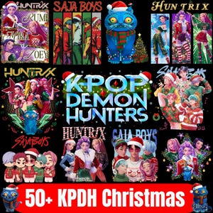May include: A graphic featuring multiple K-Pop-themed illustrations with Christmas hats. The text "KPOP DEMON HUNTERS" is prominent, along with "50+ KPDH Christmas." Various character designs and the words "HUNTRYX" and "SAJA BOYS" are also visible.