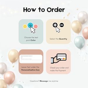 Peut inclure: Graphique d'instructions de commande. Les &eacute;tapes sont : choisir la couleur, s&eacute;lectionner la quantit&eacute;, ajouter une personnalisation et v&eacute;rifier. Le texte comprend "How to Order" et "Questions? Message me anytime."