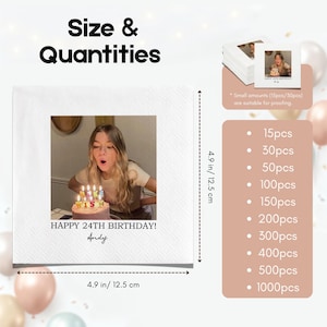 May include: White square napkins with a photo of a person blowing out birthday candles. The text "HAPPY 24TH BIRTHDAY! Andy" is printed below the photo. Napkins measure 4.9 inches or 12.5 cm. Available in quantities from 15 to 1000 pieces.