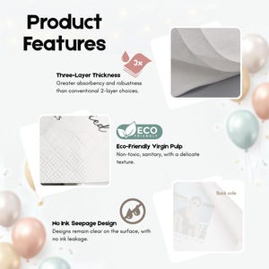 May include: An image showcasing product features, including three-layer thickness, eco-friendly virgin pulp, and no ink seepage design. The text highlights greater absorbency and robustness compared to 2-layer options. The image also shows a close-up of the product.