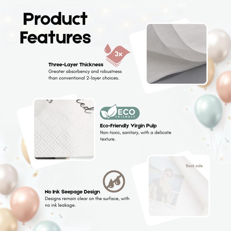 May include: An image showcasing product features, including three-layer thickness, eco-friendly virgin pulp, and no ink seepage design. The text highlights greater absorbency and robustness compared to 2-layer options. The image also shows a close-up of the product.