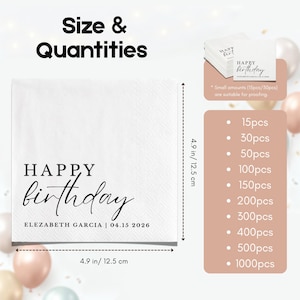 Peut inclure: Serviettes en papier blanches avec l'inscription "HAPPY birthday" en script noir, mesurant 12,5 cm carr&eacute;s. Les serviettes incluent le nom "ELEZABETH GARCIA" et la date "04.15 2026". Quantit&eacute;s disponibles de 15 &agrave; 1000 pi&egrave;ces.