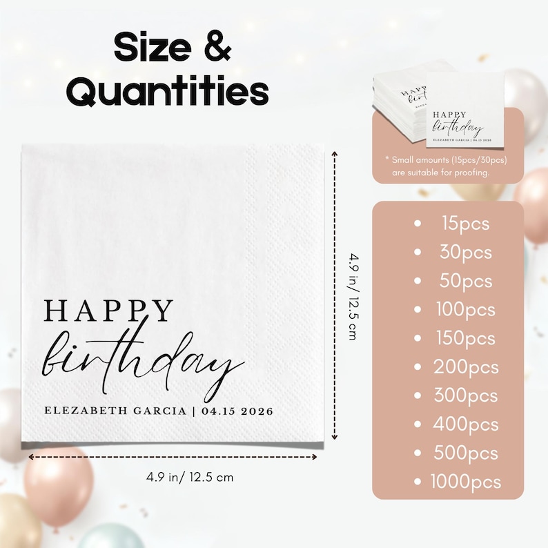 Peut inclure: Serviettes en papier blanches avec l'inscription "HAPPY birthday" en script noir, mesurant 12,5 cm carr&eacute;s. Les serviettes incluent le nom "ELEZABETH GARCIA" et la date "04.15 2026". Quantit&eacute;s disponibles de 15 &agrave; 1000 pi&egrave;ces.