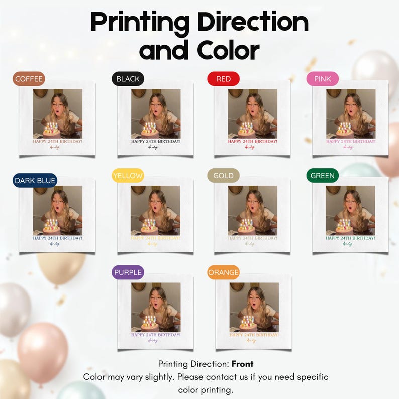 May include: A product image showcasing a variety of color options for a personalized birthday print. The image features nine square prints with a photo of a person blowing out candles on a cake. Text includes "HAPPY 24TH BIRTHDAY!" and "Andy".