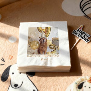 May include: A stack of white paper napkins with a printed image of a golden retriever wearing a party hat, surrounded by balloons and a gold number nine. The text reads "HAPPY 9TH BIRTHDAY!" and "Brock". A small "Happy Birthday" cake topper is also visible.