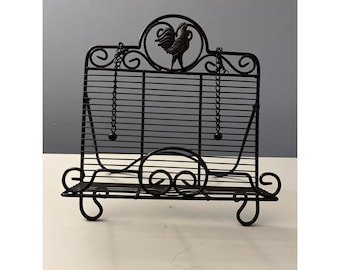 Vintage Rustic Brown Metal Cookbook Holder Rooster Farmhouse Weighted Chains