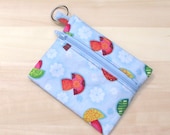 Keyring coin purse. Blue cotton zippered purse. Flowers and colourful mushroom design