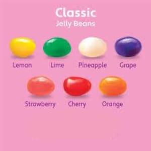 May include: An assortment of colorful jelly beans, each with a distinct flavor, are displayed against a pink background. Flavors include lemon, lime, pineapple, grape, strawberry, cherry, and orange. The text "Classic Jelly Beans" is at the top.