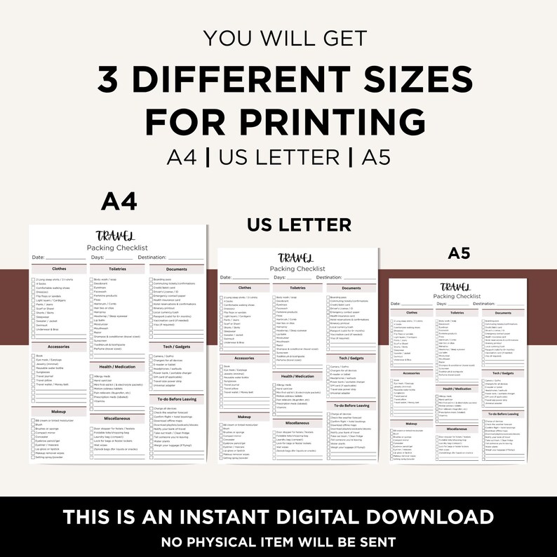 Editable Travel Packing Checklist: Printable PDF for A4, A5, US Letter ...