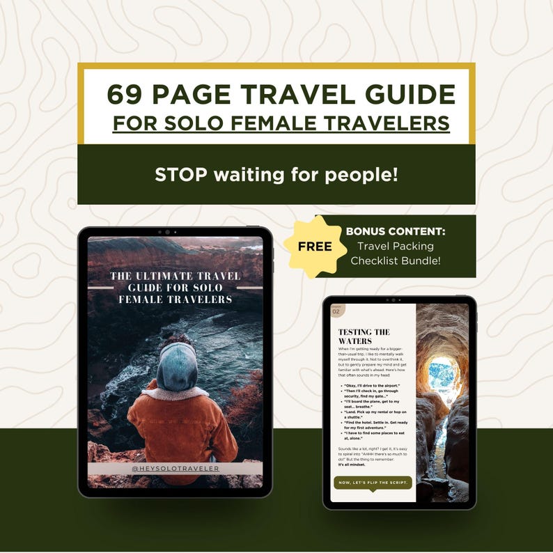 May include: Digital travel guide for solo female travelers. The cover of the guide features a woman looking at a scenic view. The guide includes a travel packing checklist bundle. The text reads: "69 Page Travel Guide for Solo Female Travelers."