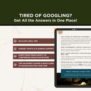 May include: A digital tablet displays travel safety tips, with the headline "TIRED OF GOOGLING? Get All the Answers in One Place!" The screen shows advice on important documents, emergency contacts, and online location sharing. The background is a mix of green and beige.