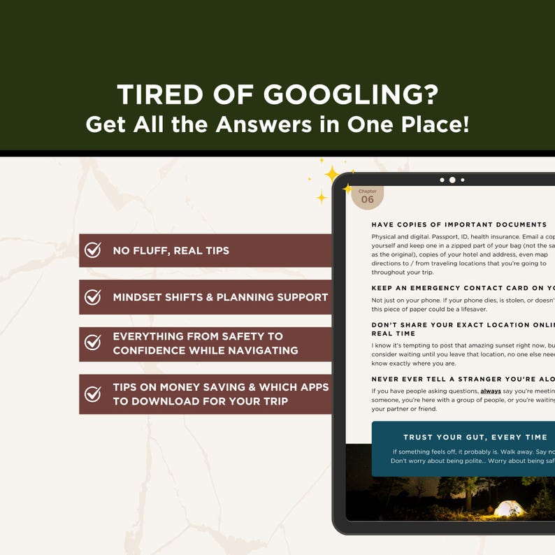 May include: A digital tablet displays travel safety tips, with the headline "TIRED OF GOOGLING? Get All the Answers in One Place!" The screen shows advice on important documents, emergency contacts, and online location sharing. The background is a mix of green and beige.