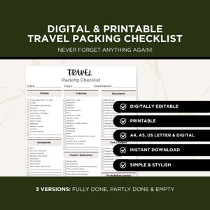 May include: A digital and printable travel packing checklist with the text "DIGITAL & PRINTABLE TRAVEL PACKING CHECKLIST NEVER FORGET ANYTHING AGAIN!". The checklist includes sections for clothes, toiletries, documents, and accessories.