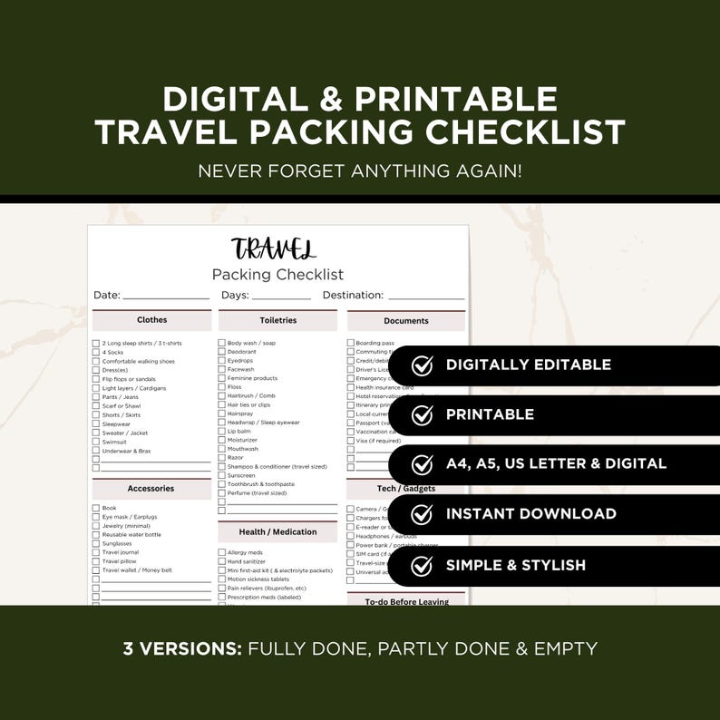 May include: A digital and printable travel packing checklist with the text "DIGITAL & PRINTABLE TRAVEL PACKING CHECKLIST NEVER FORGET ANYTHING AGAIN!". The checklist includes sections for clothes, toiletries, documents, and accessories.
