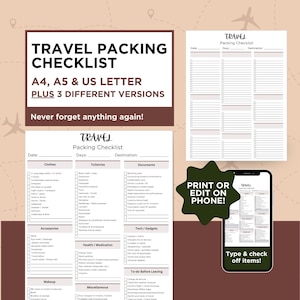 Lista de embalagem para viagem, para impressão e digital em PDF | Tamanhos de carta A4 e A5 EUA | Lista de embalagem editável para viagens individuais, férias e excursões | Sem PLR